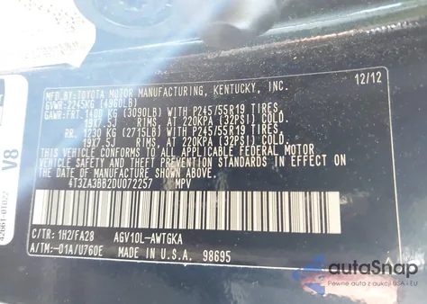 2013 Toyota Venza Le from USA, damaged, VIN 4T3ZA3BB2DU072257